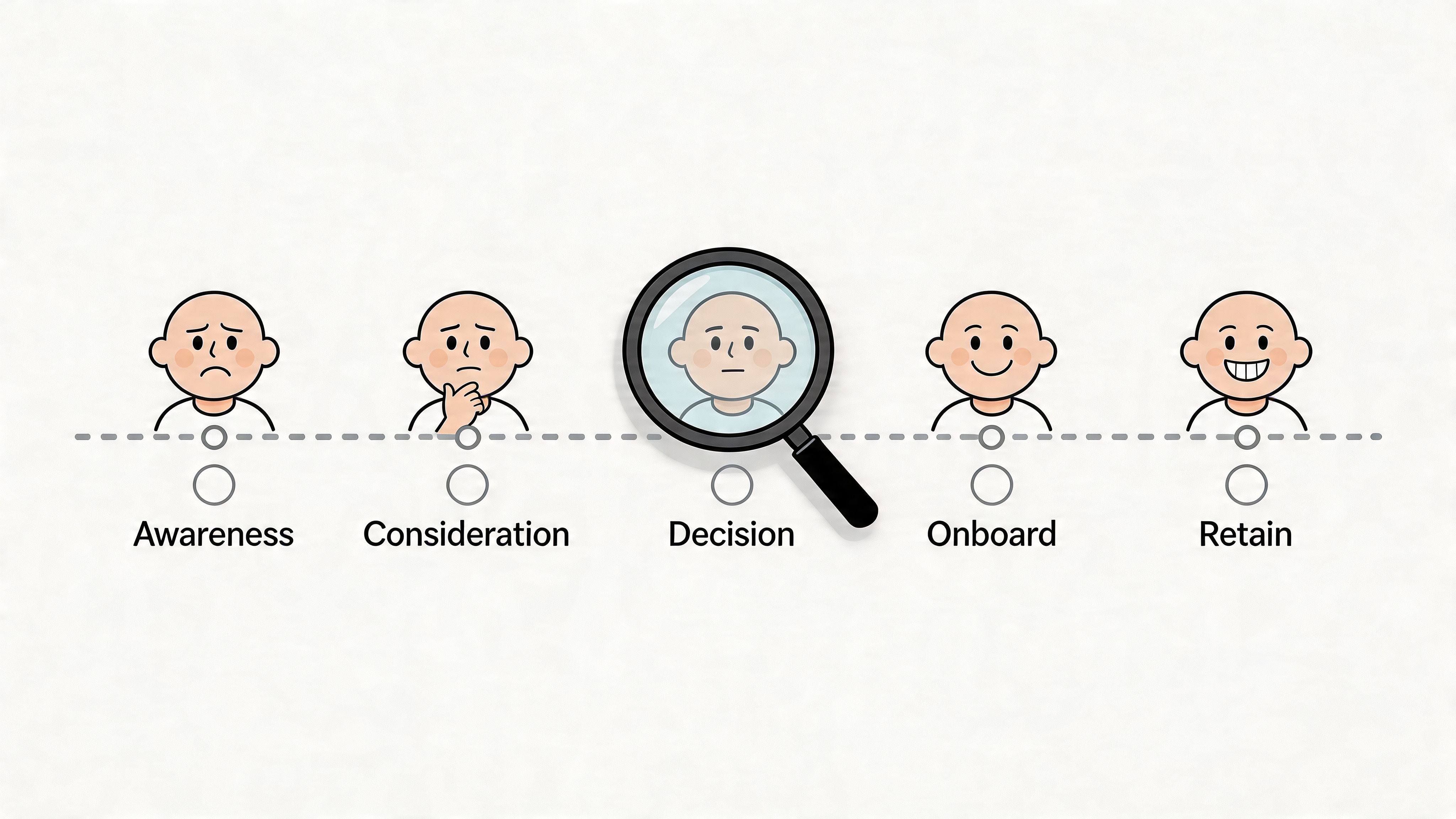 A customer journey illustration showing stages from awareness to retention with a magnifying glass over decision.