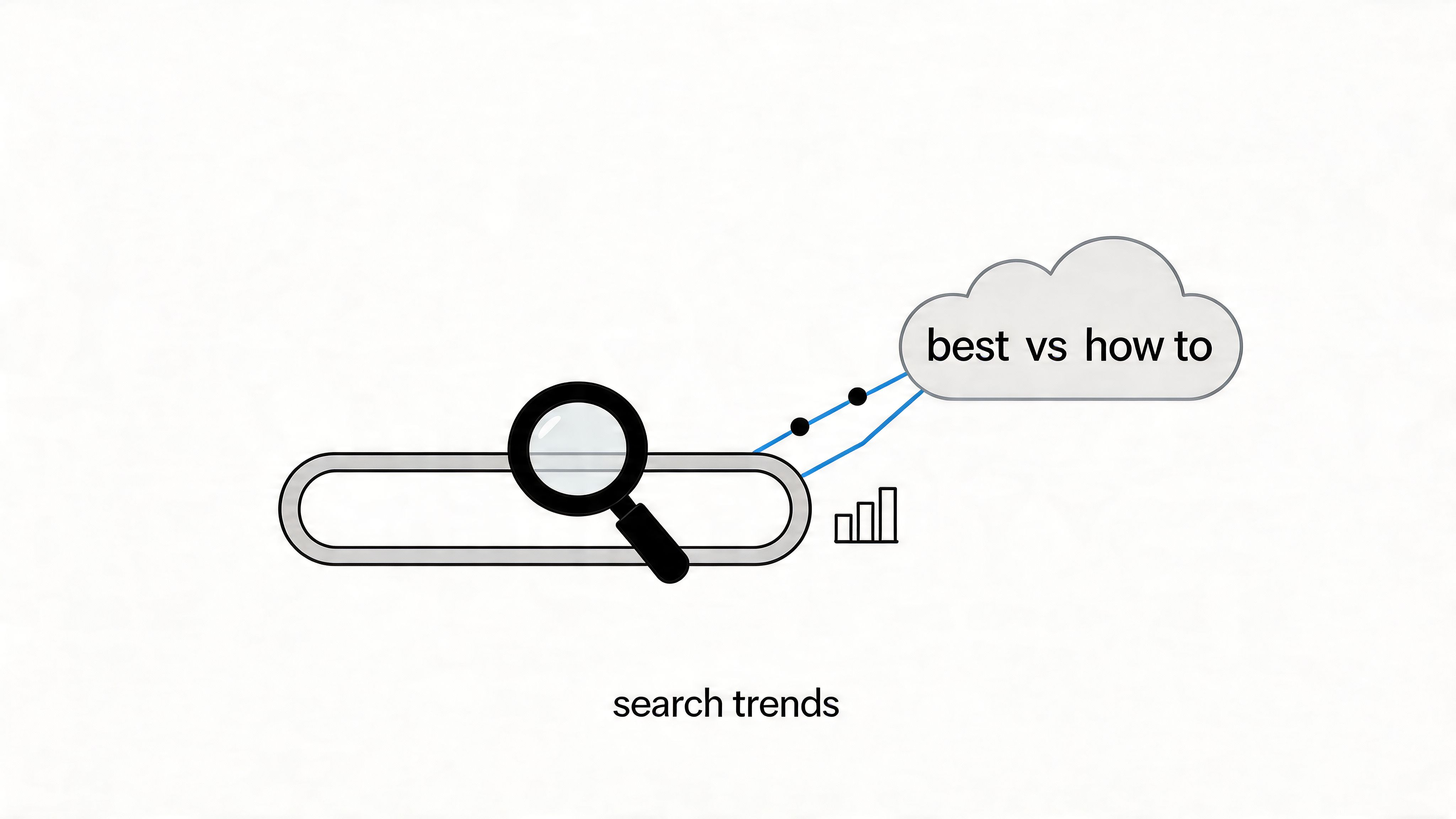 A minimalist graphic of a search bar with a magnifying glass and a thought bubble about search trends.