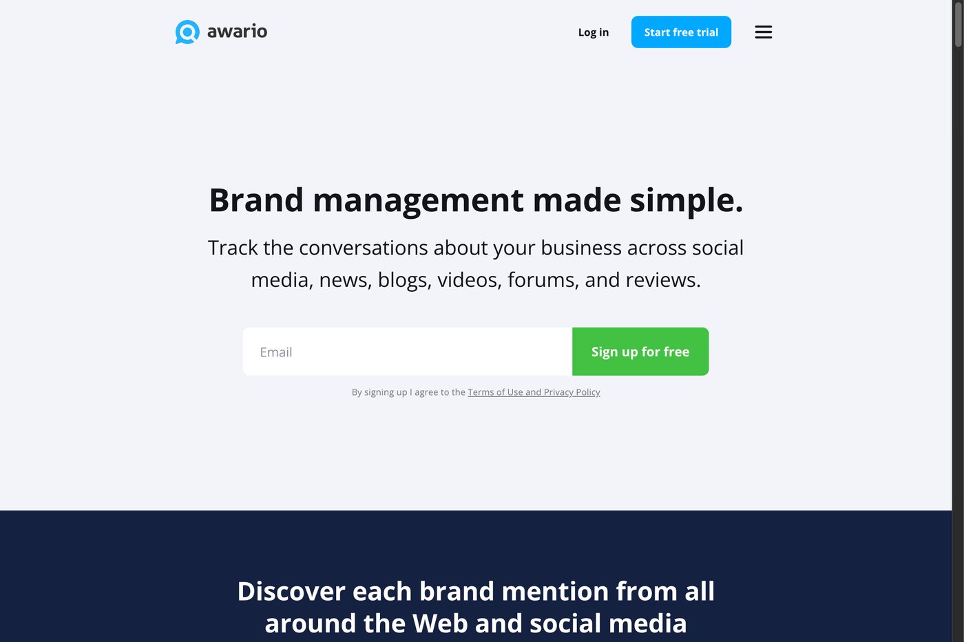 Awario homepage screenshot showing brand monitoring and social listening positioning.