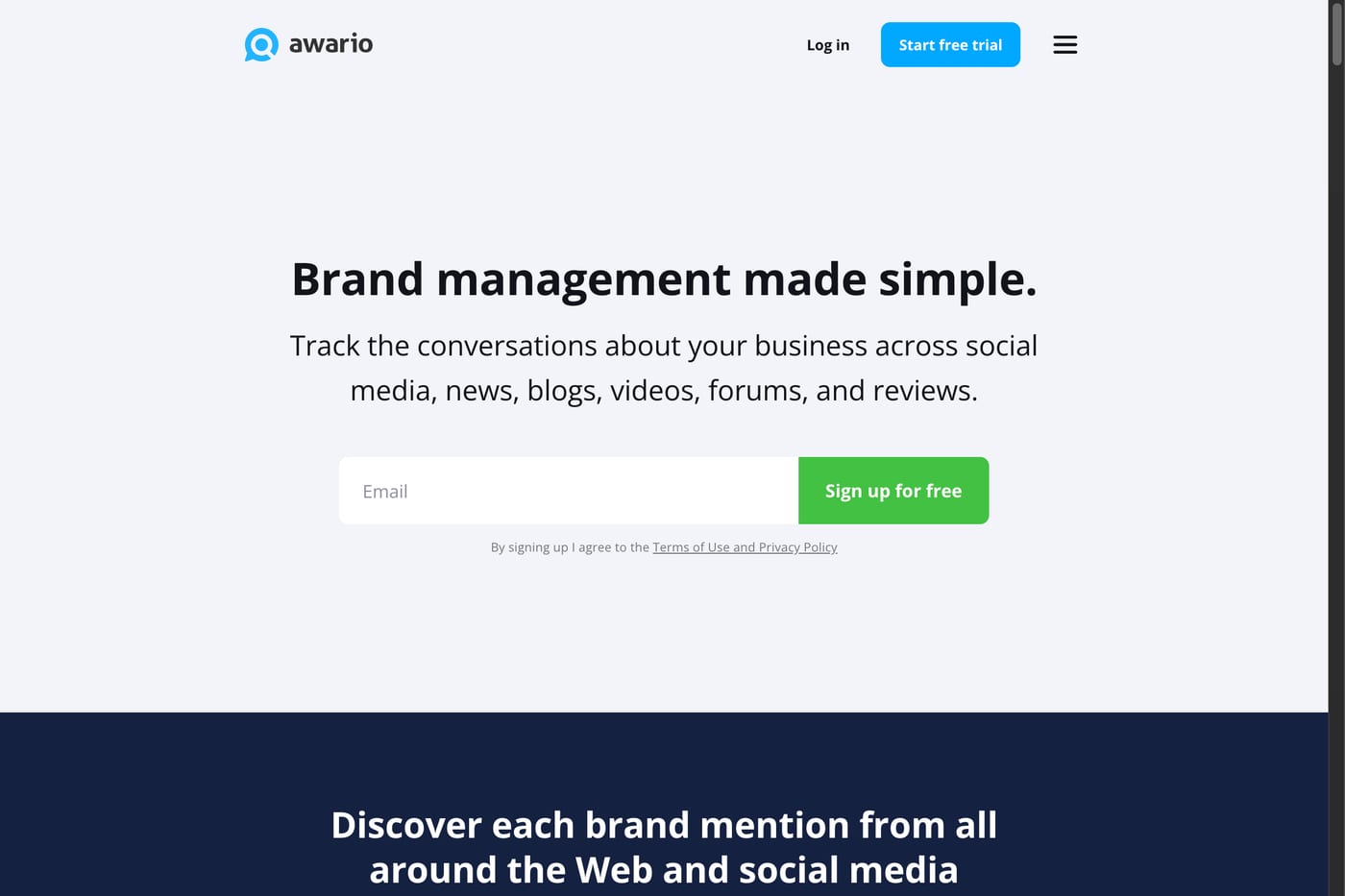 Awario homepage screenshot showing its social listening positioning.