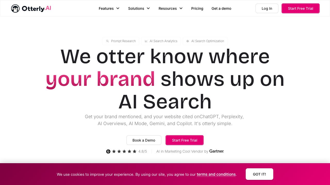 OtterlyAI homepage screenshot showing AI search monitoring for brand mentions, prompt research, and citation tracking.