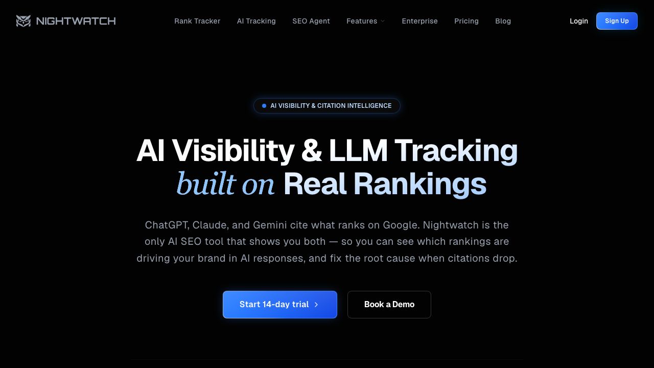 Nightwatch AI tracking homepage screenshot showing LLM visibility and citation intelligence.