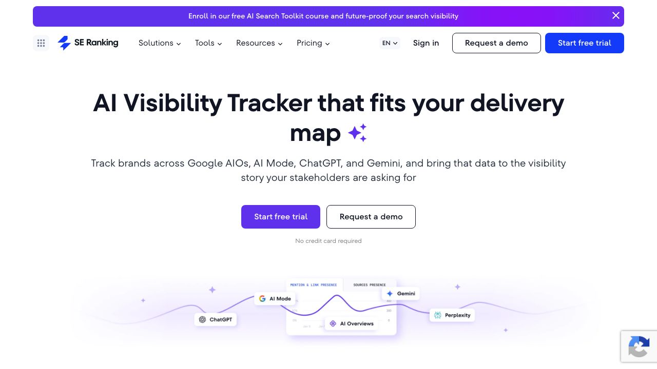 SE Ranking AI visibility tracker homepage screenshot showing AI search tracking across ChatGPT, Gemini, and AI Overviews.