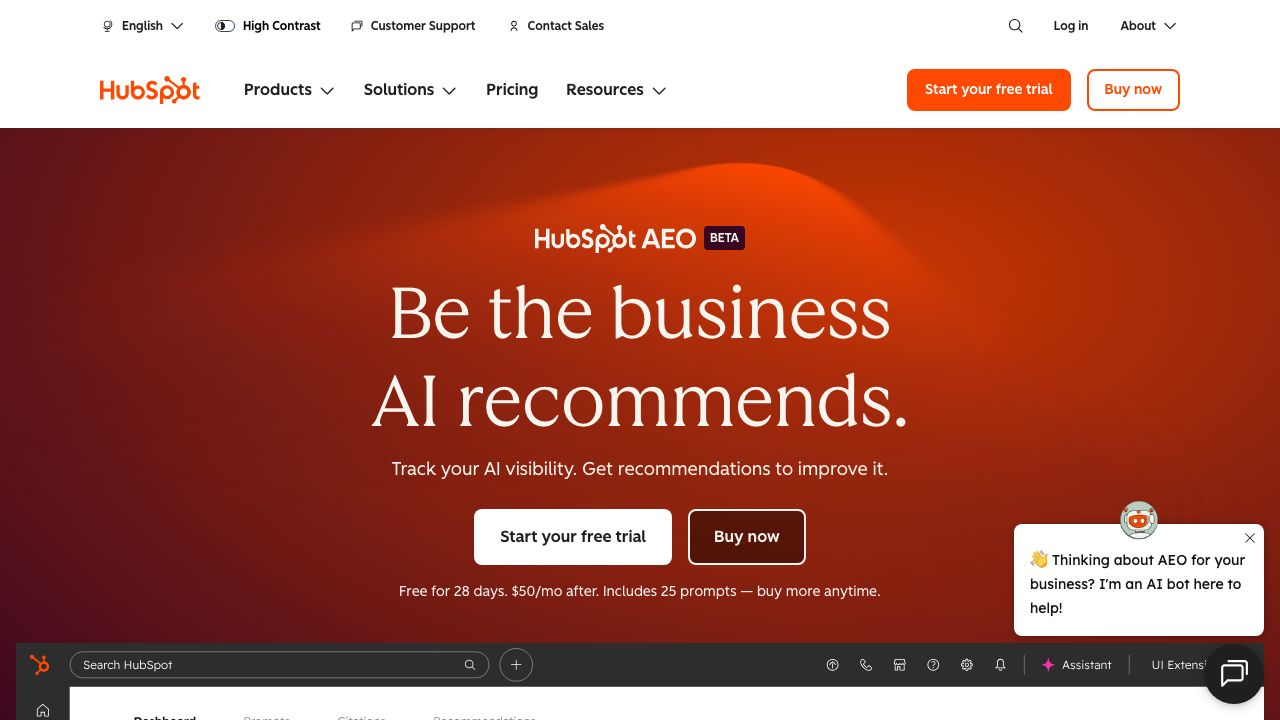 HubSpot AEO homepage screenshot showing AI visibility tracking and recommendation workflow.