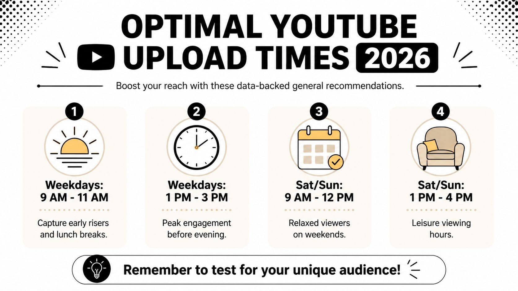 A graphic showing optimal YouTube upload times for 2026, categorized by weekdays and weekends with specific hour ranges.