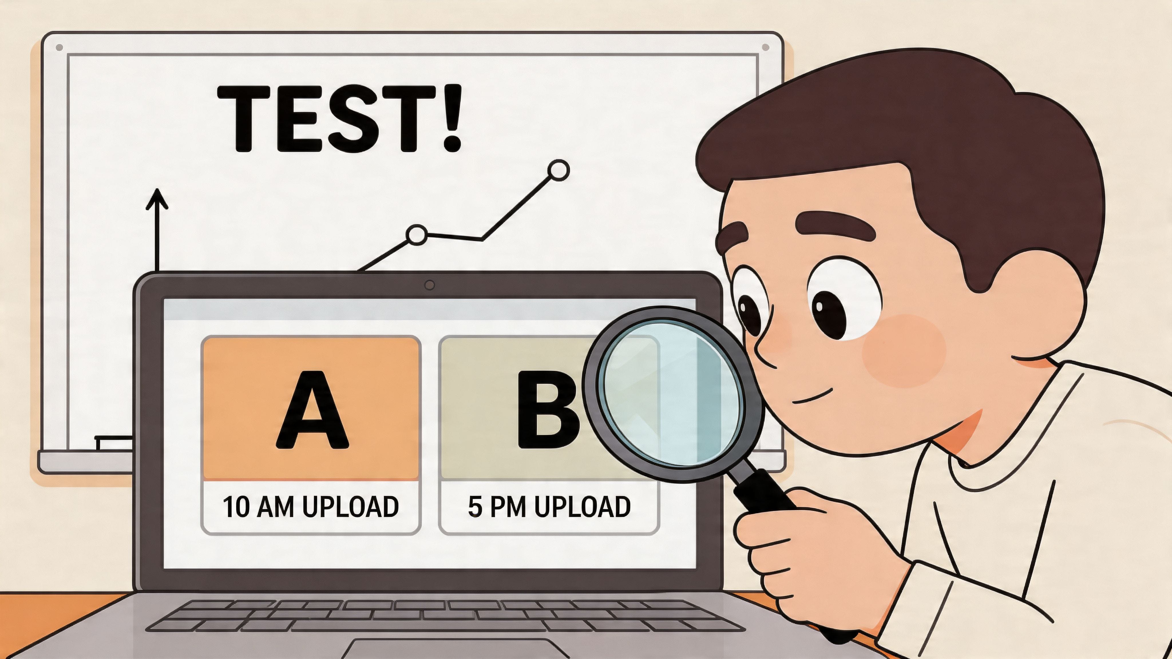 A young boy uses a magnifying glass to analyze YouTube upload timing options labeled A and B.