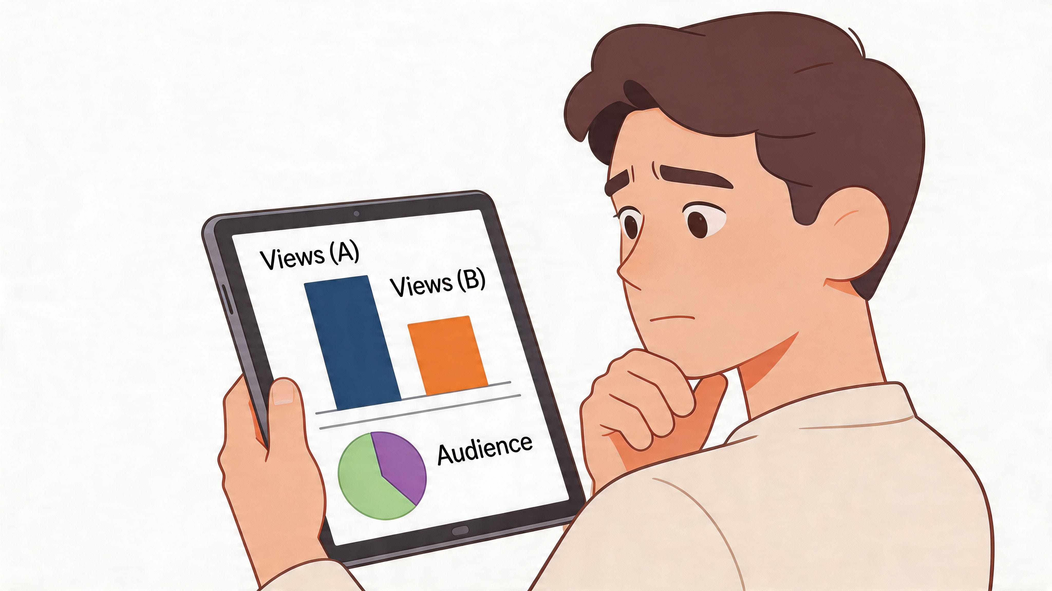 A thoughtful young man holds a tablet displaying analytics charts about YouTube views and audience data.