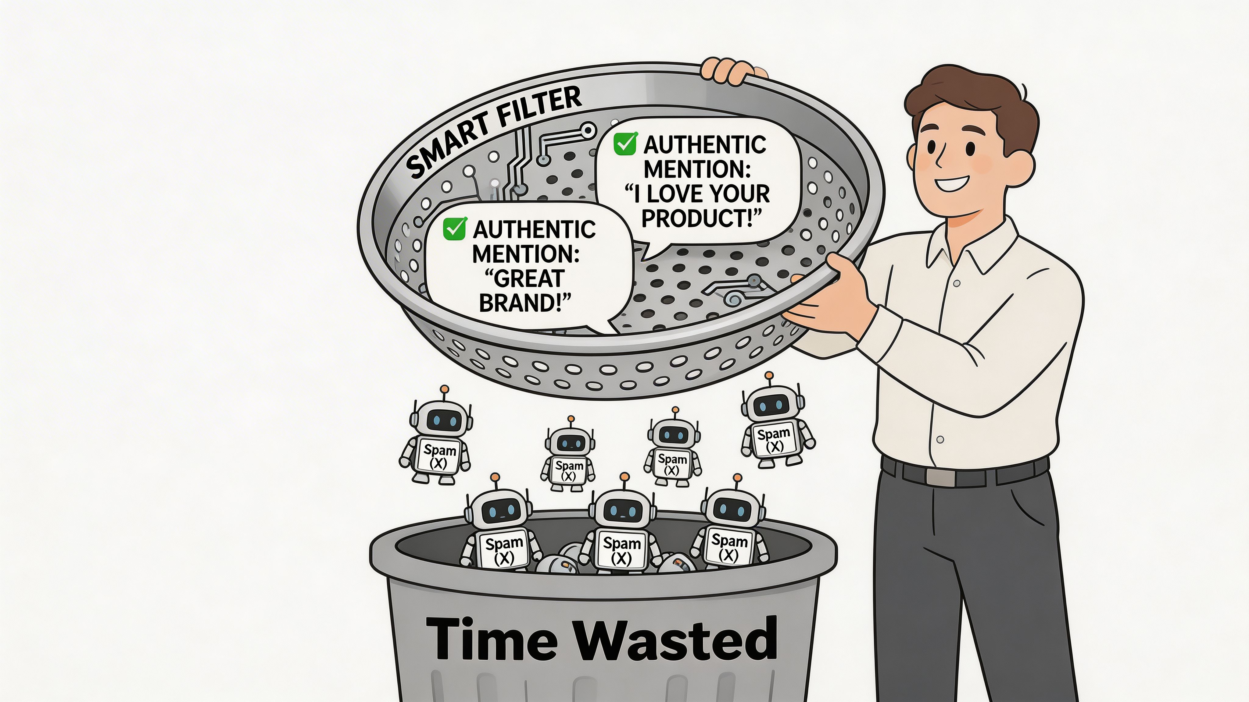 A man using a smart filter to separate authentic customer brand mentions from robotic spam messages.