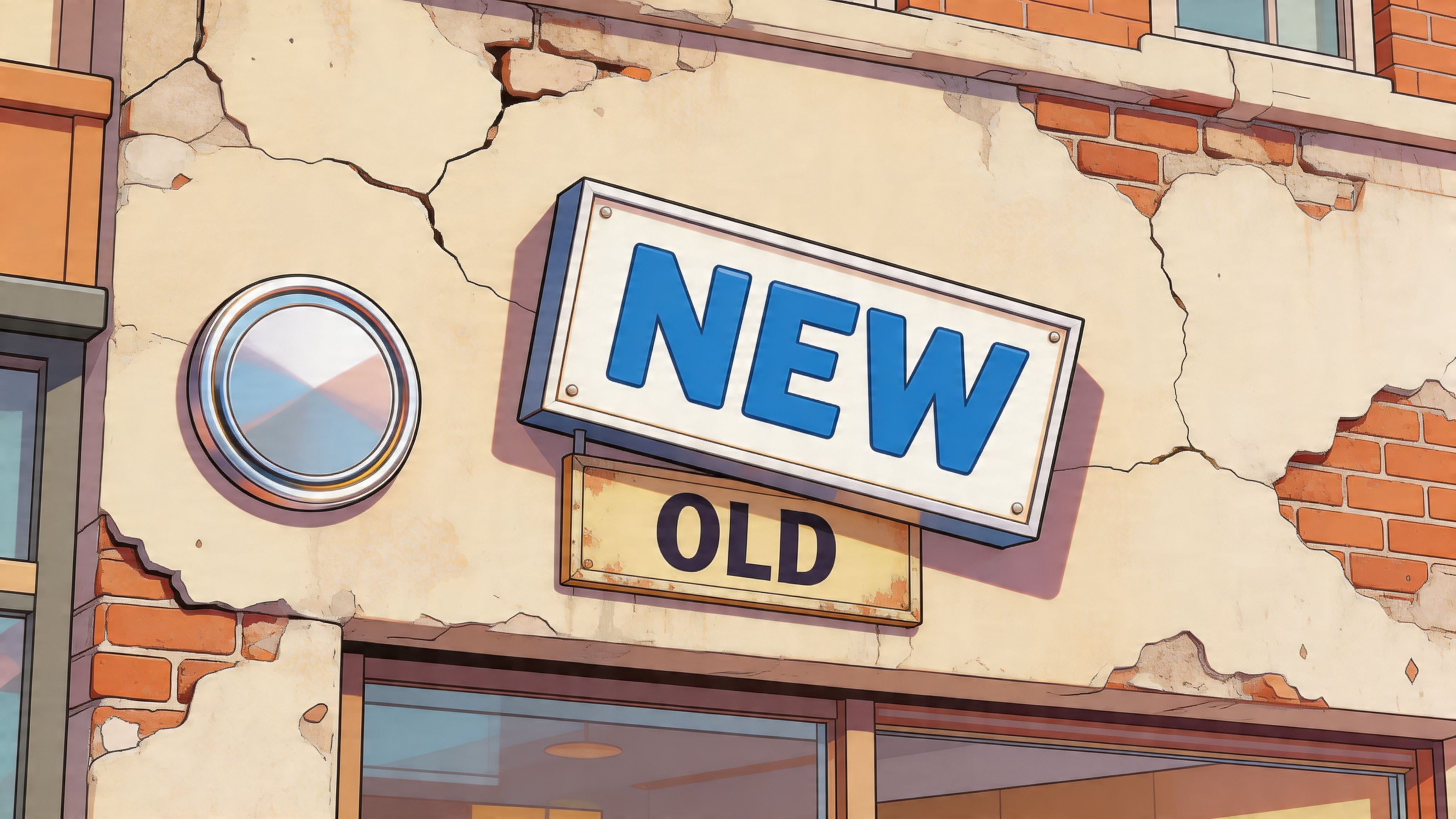 A weathered building facade features a large, modern New sign hanging above a smaller, rusty Old sign.