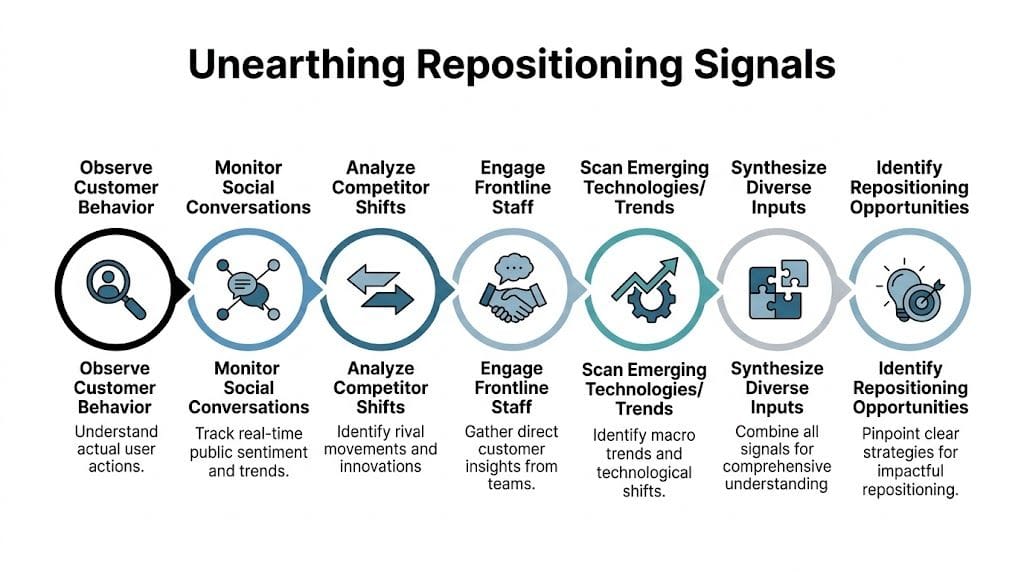 A process diagram showing seven steps for unearthing brand repositioning signals through research and strategic analysis.