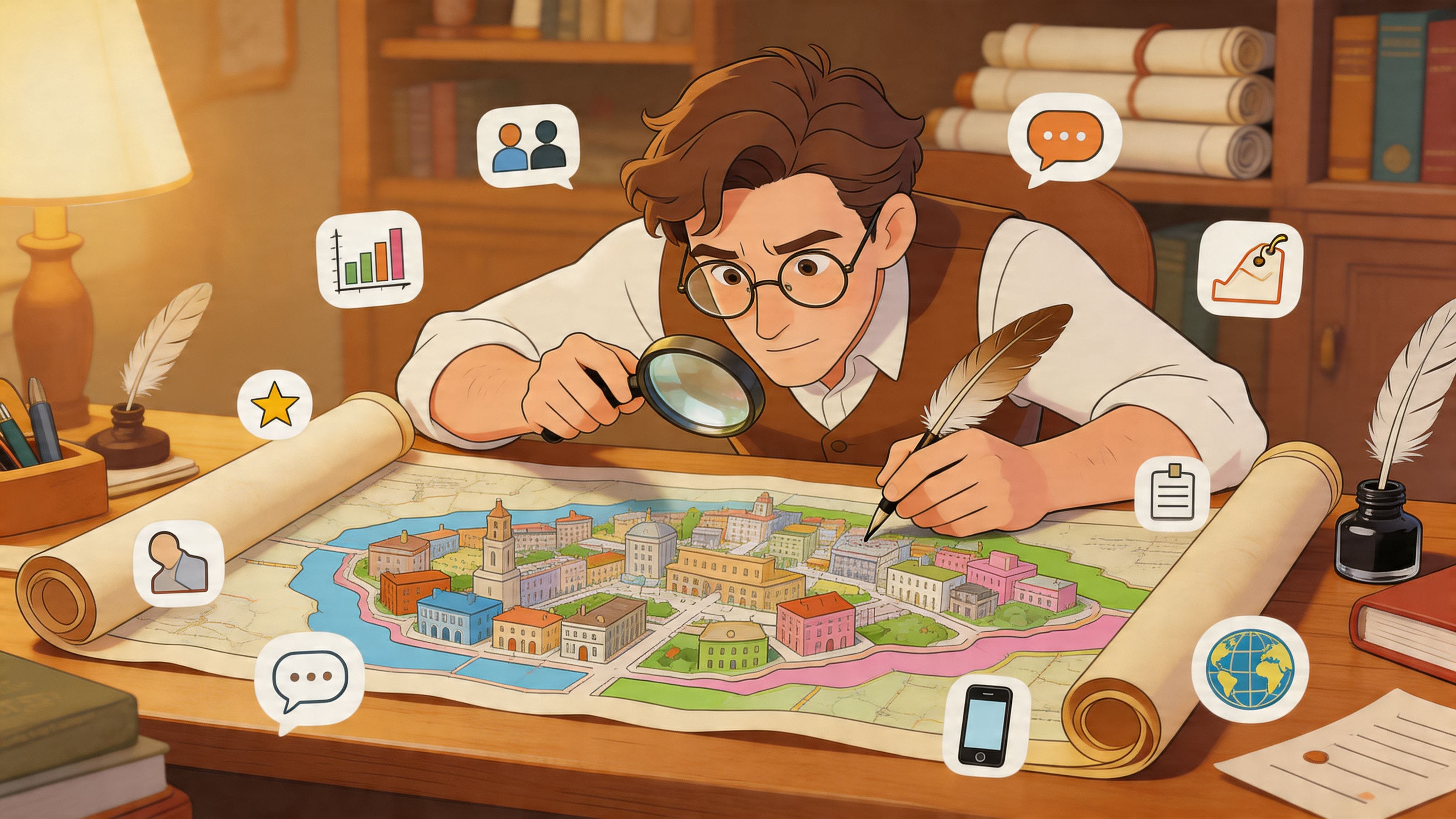 A scholar examining a detailed town map with a magnifying glass while writing notes at a desk.