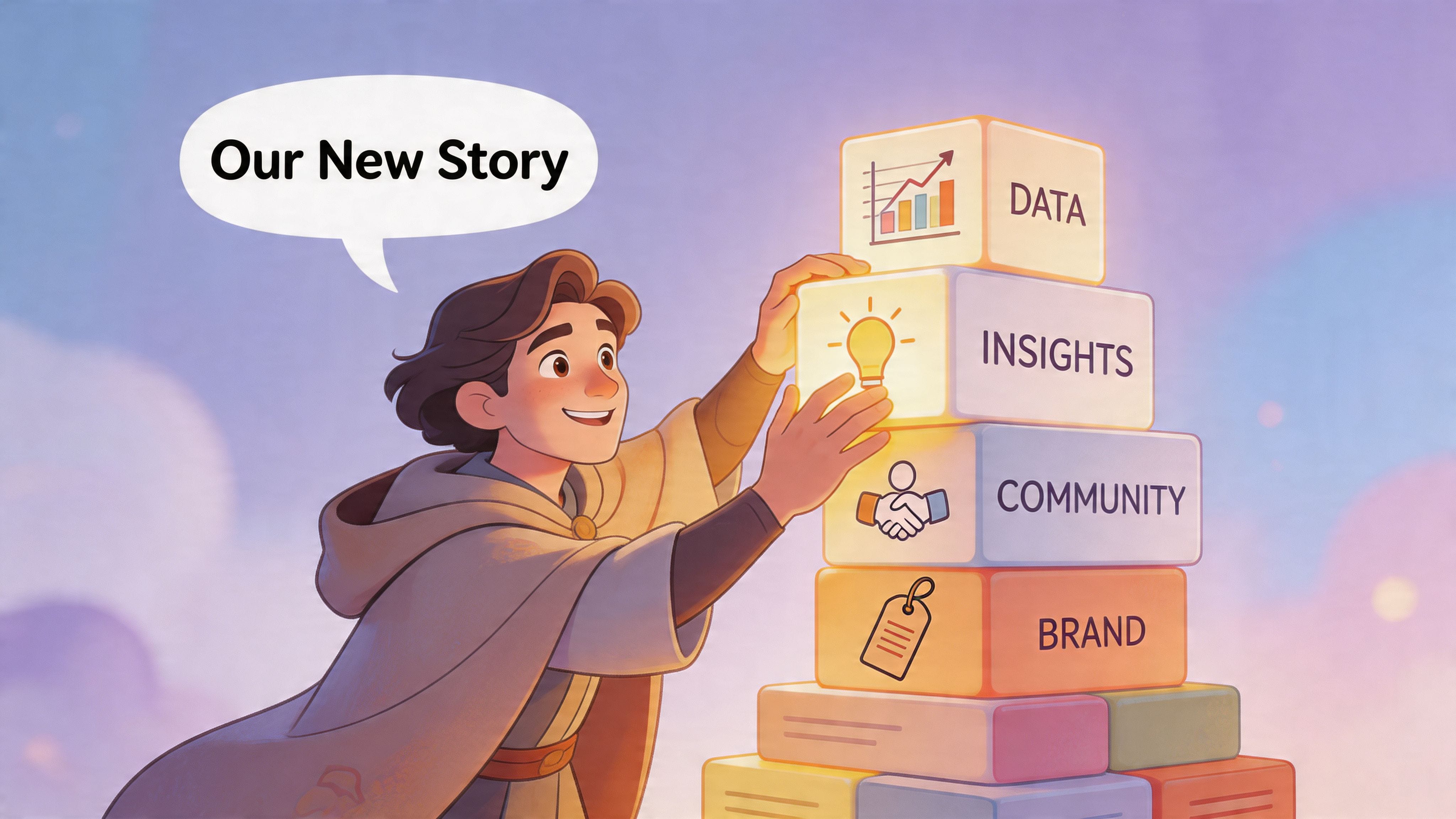 An illustrated character building a tower of blocks representing data, insights, community, and brand growth.