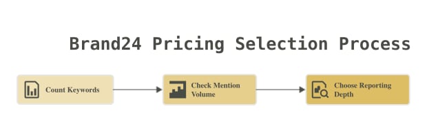 A simple Brand24 pricing decision flow: count keywords, check mention volume, choose reporting depth.