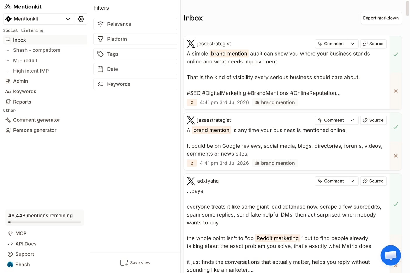 Mentionkit mention workflow screenshot showing social mentions inside a practical review UI.
