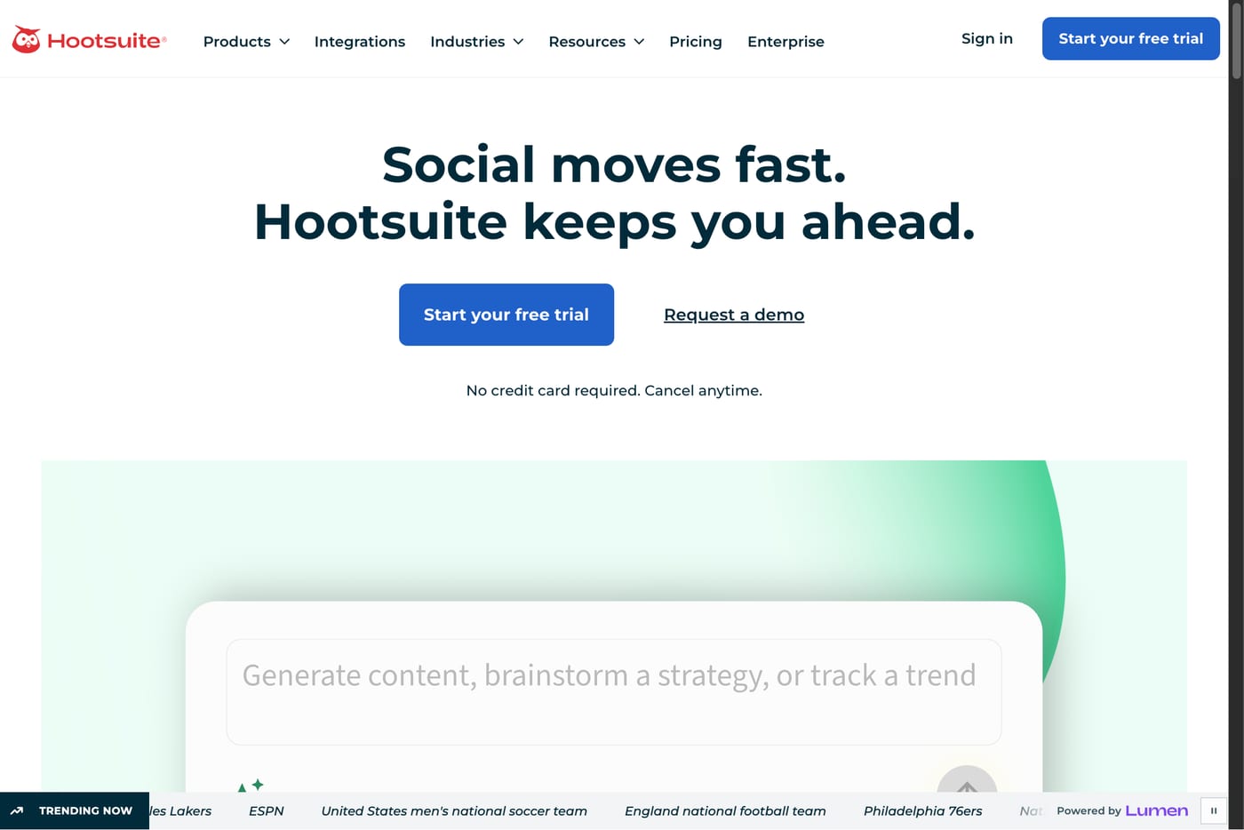 Hootsuite homepage screenshot showing its social media management positioning.