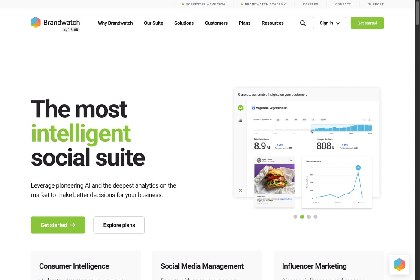 Brandwatch homepage screenshot showing its social suite positioning.