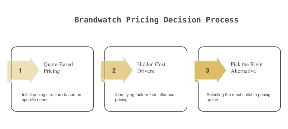 A simple decision flow showing how Brandwatch pricing moves from quote-based plans to cost drivers and alternatives.