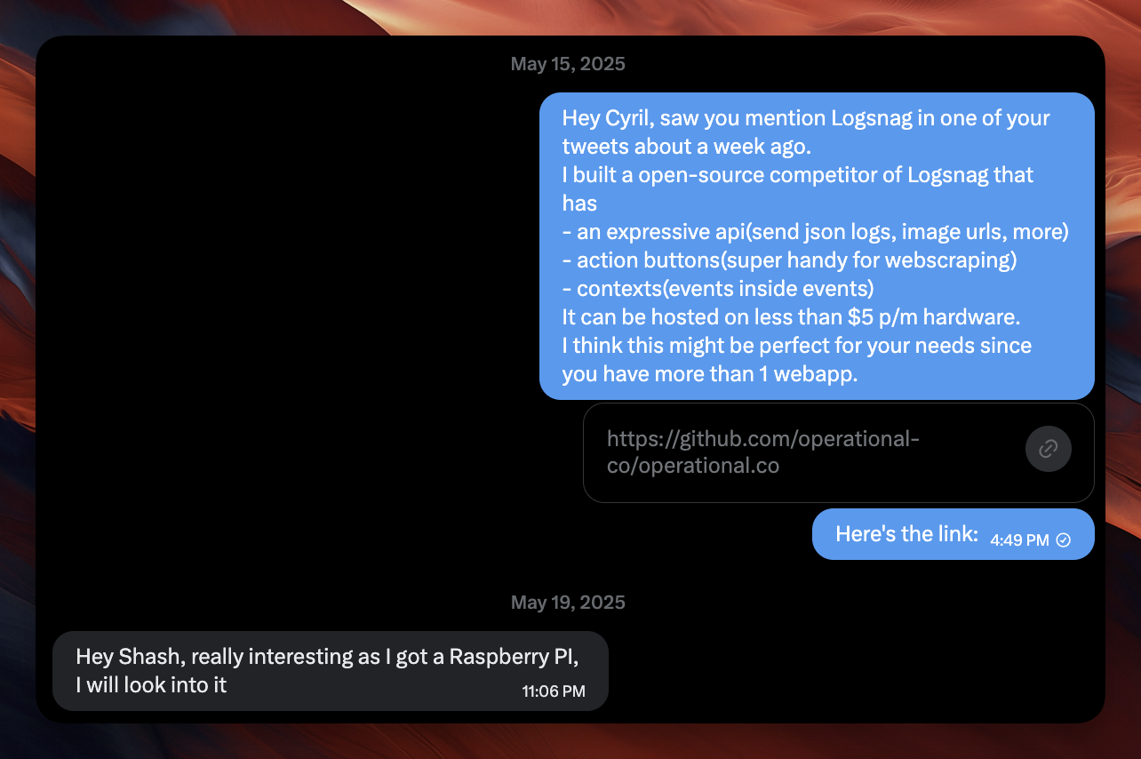 Direct message example reaching out to a competitor user with a relevant alternative and clear value proposition.