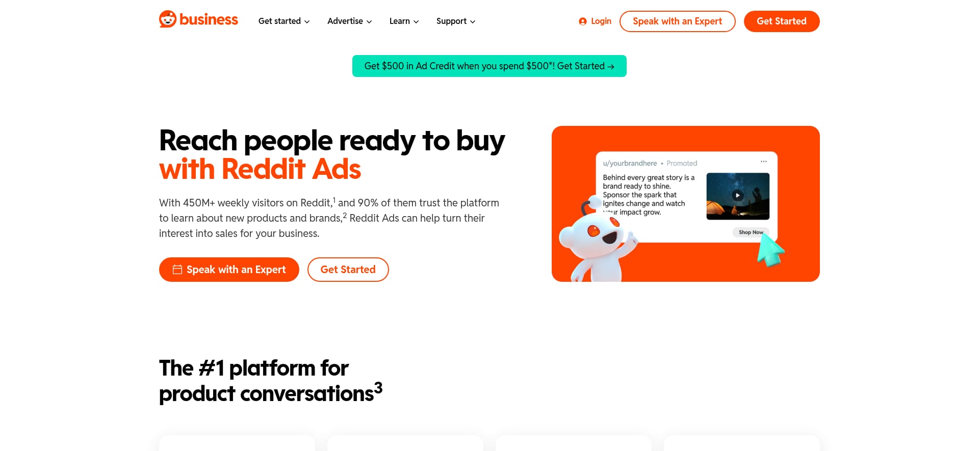 Reddit for Business homepage showing community-driven channel reach