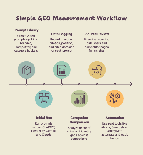 Simple GEO measurement workflow showing prompt library, initial run, data logging, competitor comparison, source review, and automation.