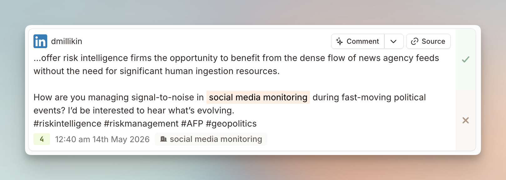 LinkedIn mention card surfaced in Mentionkit from a tracked keyword, ready for quick review and response.
