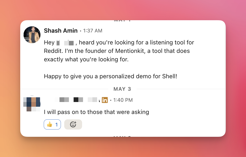 LinkedIn DM exchange showing a founder-led outreach message and a warm positive reply.