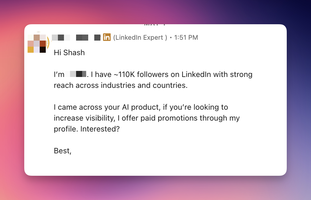 LinkedIn influencer outreach message example discussing paid promotion and audience size.