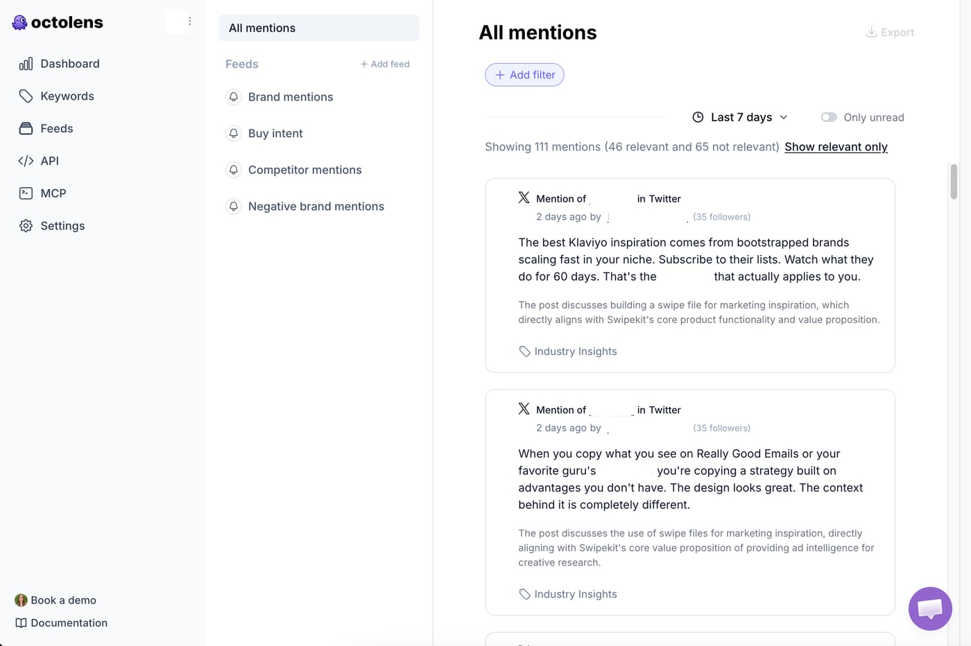 Octolens UI screenshot showing a social listening workflow.