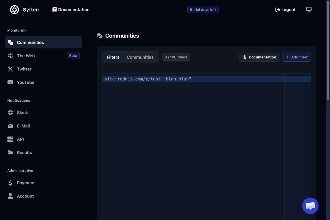 Syften UI screenshot showing a keyword alert workflow.