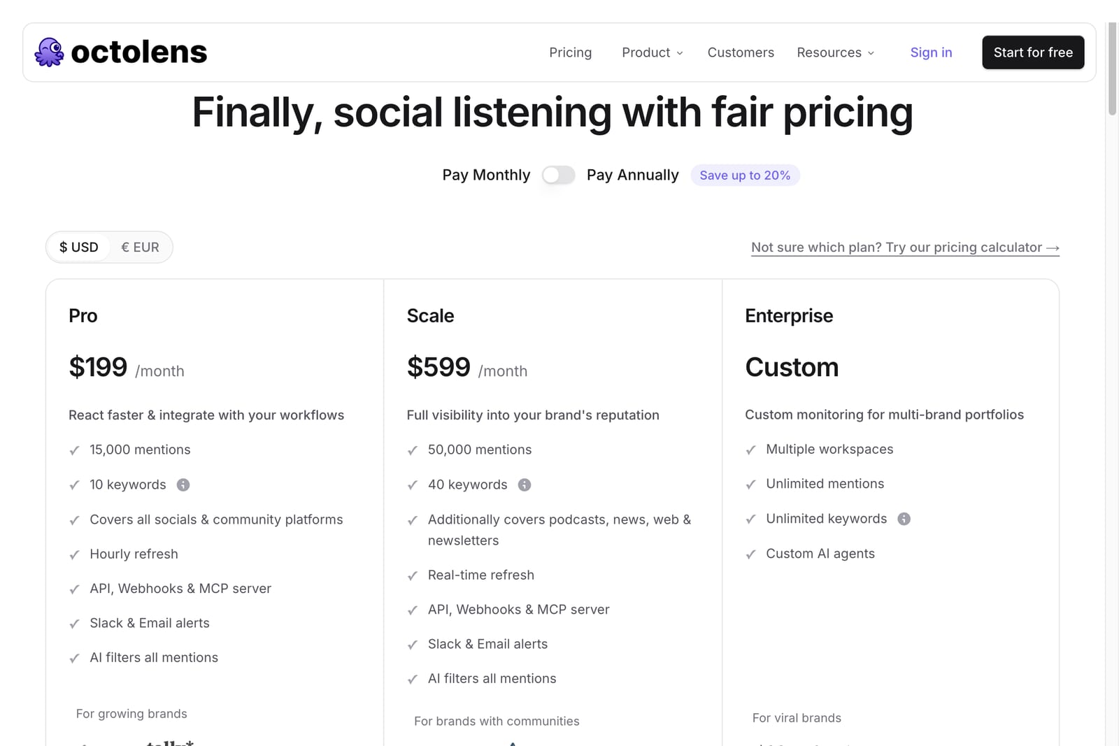 Octolens pricing page screenshot showing Pro, Scale, and Enterprise plans.