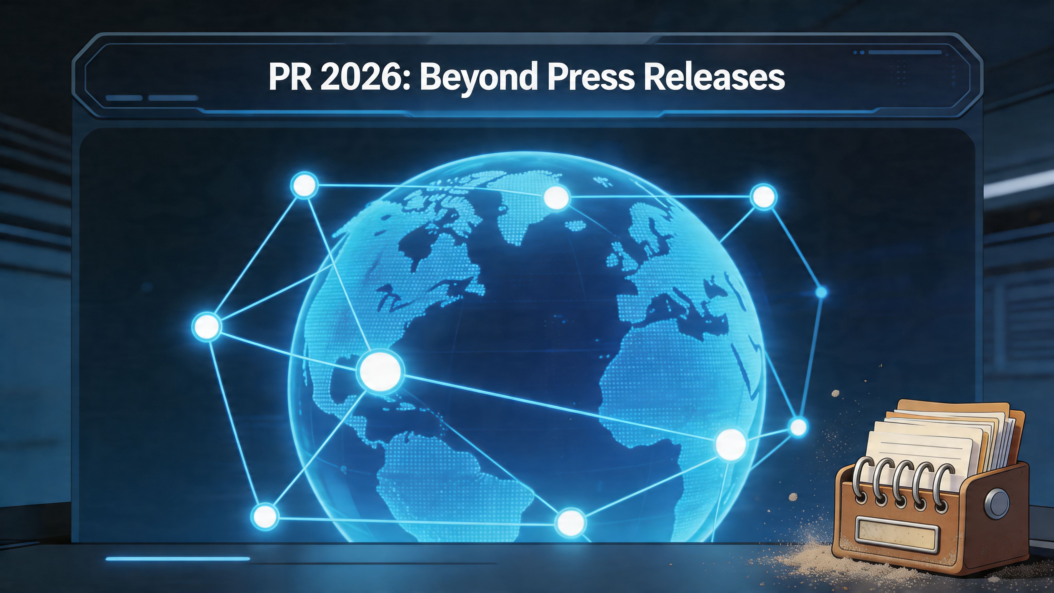 A digital graphic featuring a glowing globe with network connections and a document holder for public relations.