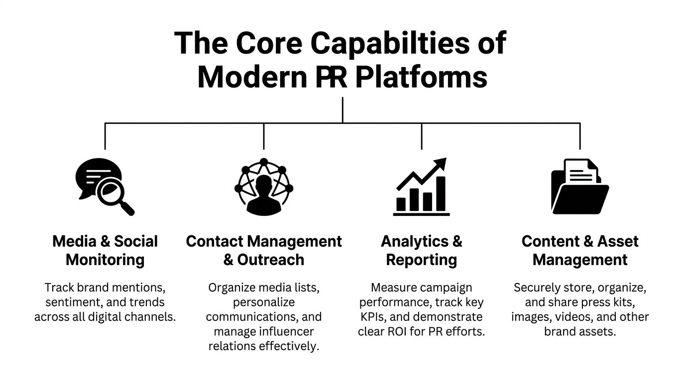 An infographic showing the four core capabilities of modern public relations platforms including monitoring, outreach, analytics, and assets.