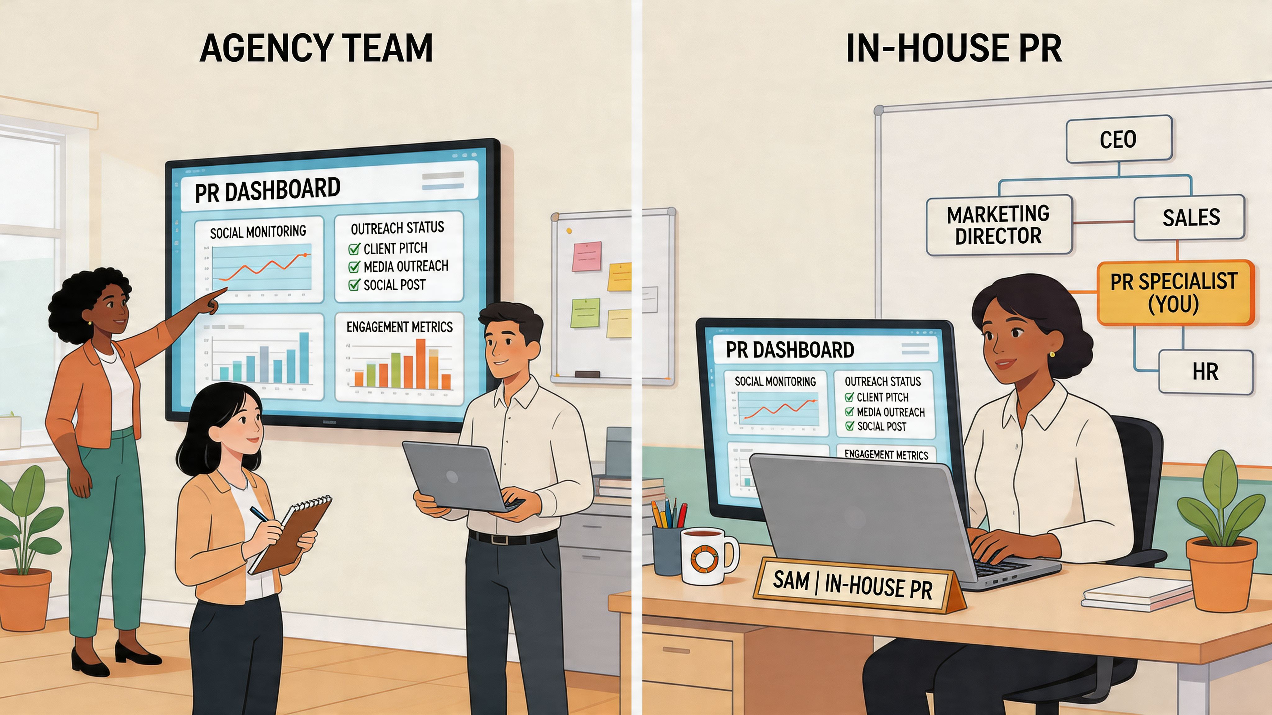 A split image comparing the workflow of an external PR agency team versus an in-house PR specialist.
