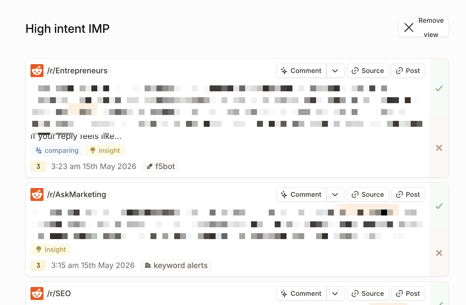 High-intent Mentionkit view showing filtered Reddit posts ready for quick founder-led replies.