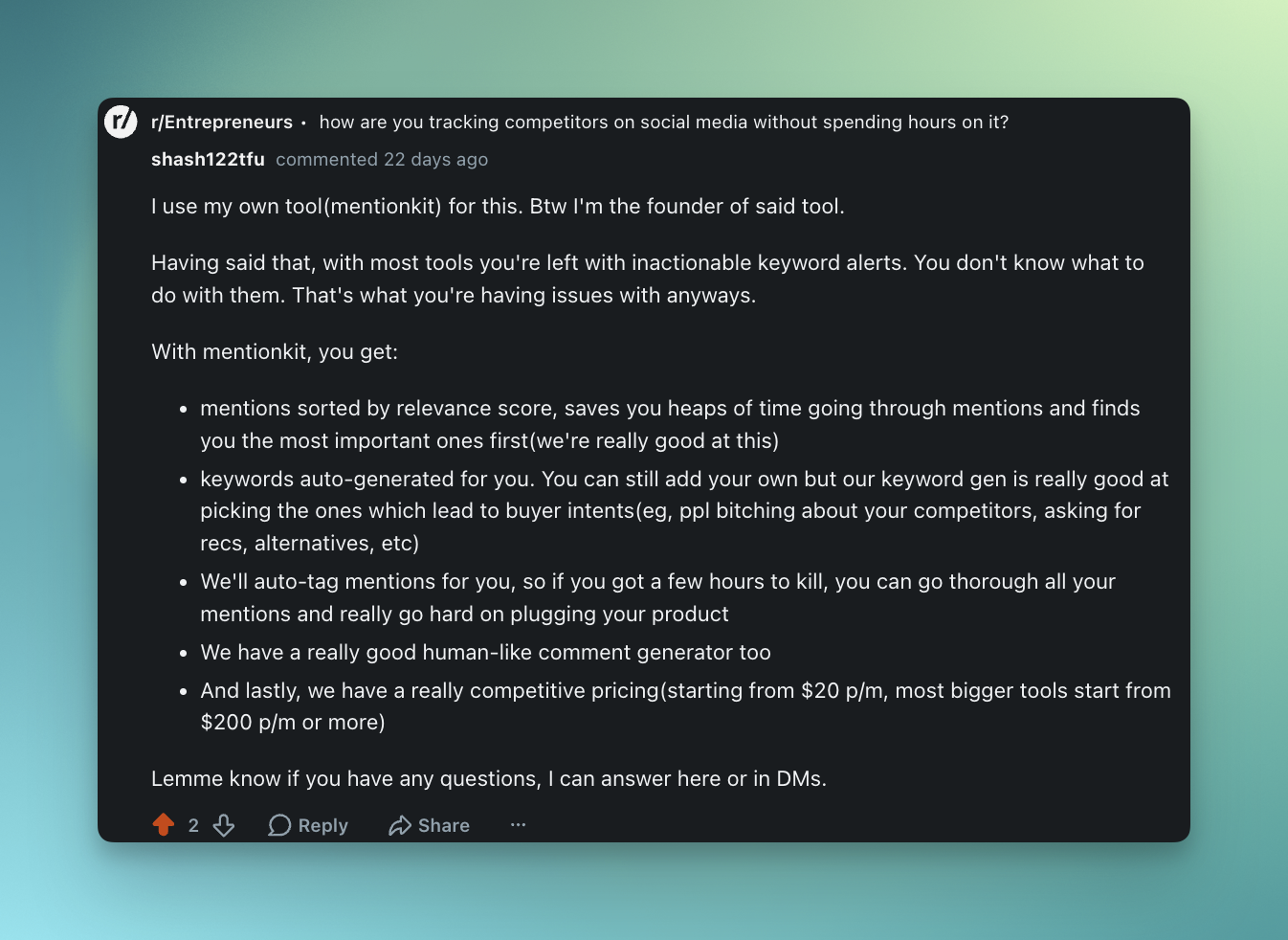Founder-style Reddit reply example that leads with practical help before pitching Mentionkit.