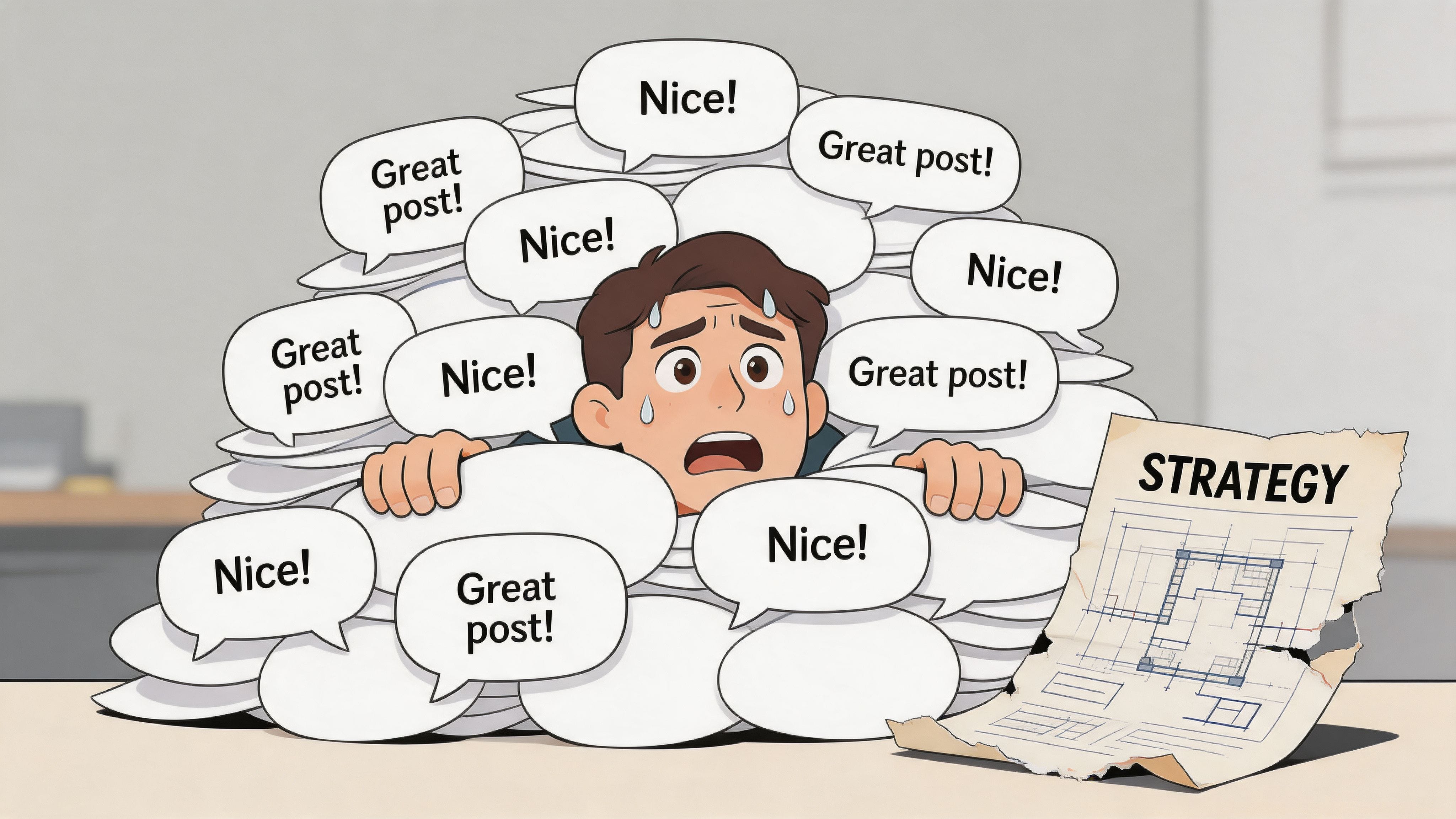A stressed man overwhelmed by a large pile of speech bubbles saying nice and great post.