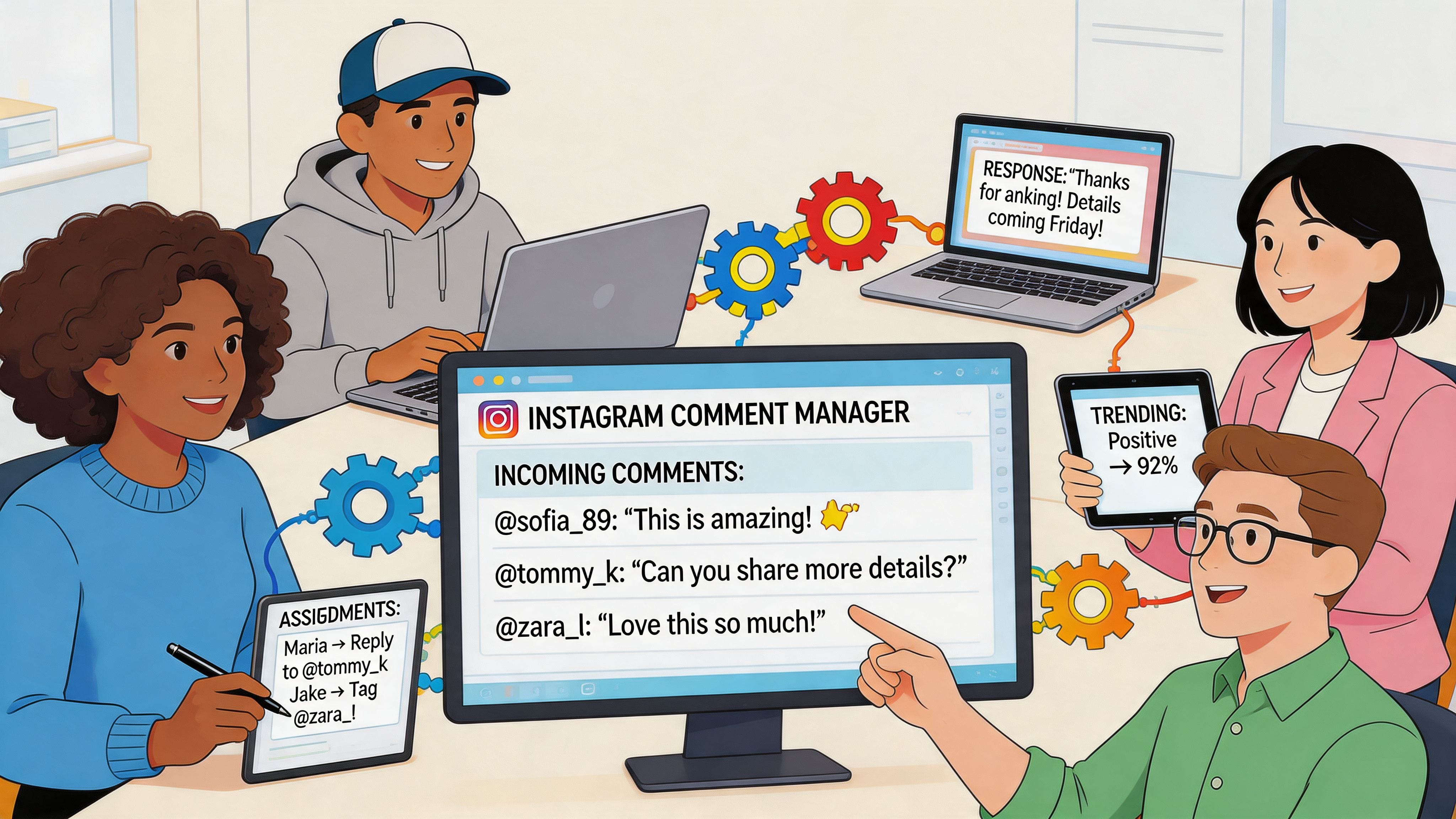 A diverse team working together on social media management, analyzing Instagram comments and planning responses in an office.