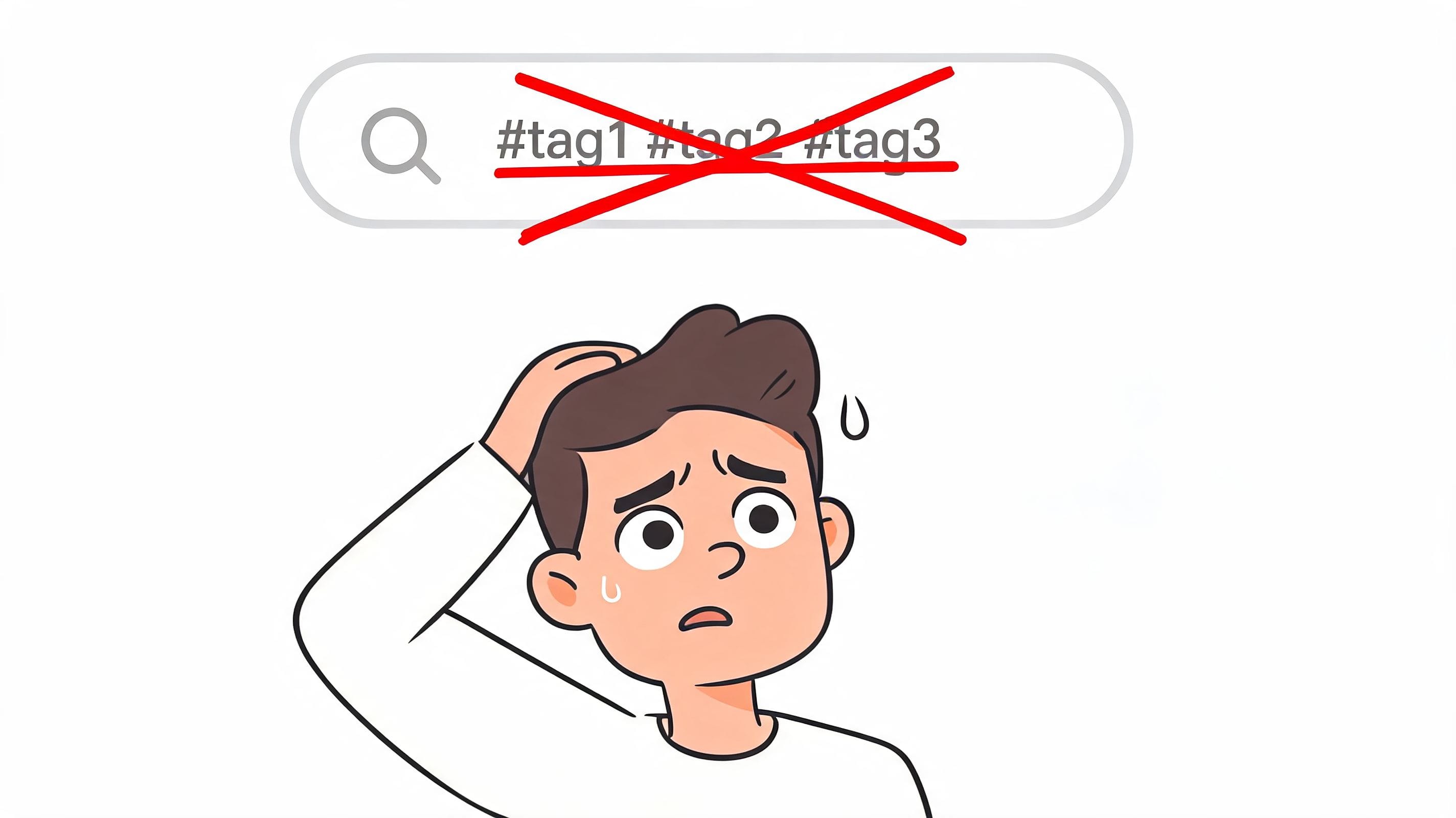 A confused man looking at a search bar with multiple hashtags crossed out by a red X.
