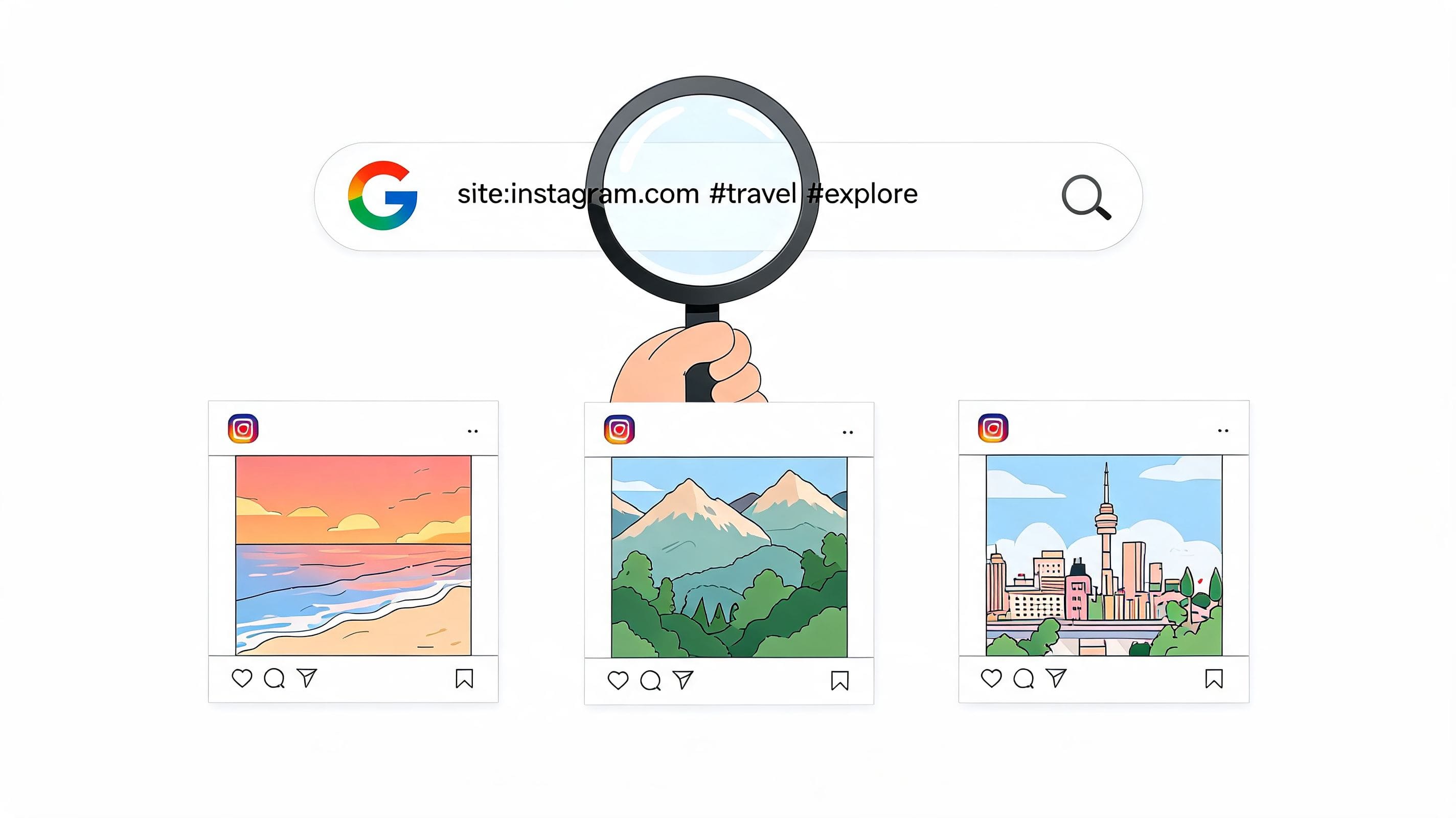A hand holding a magnifying glass over a Google search bar displaying instagram hashtag search terms.