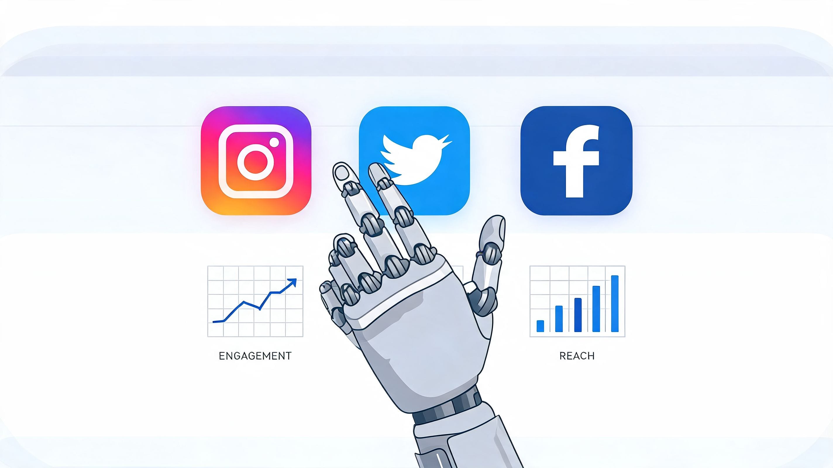 A robotic hand touching a social media interface with Instagram, Twitter, and Facebook icons and analytics charts.