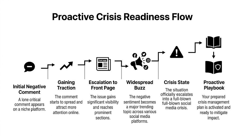 A flowchart diagram illustrating the steps from an initial negative comment to a full social media crisis.