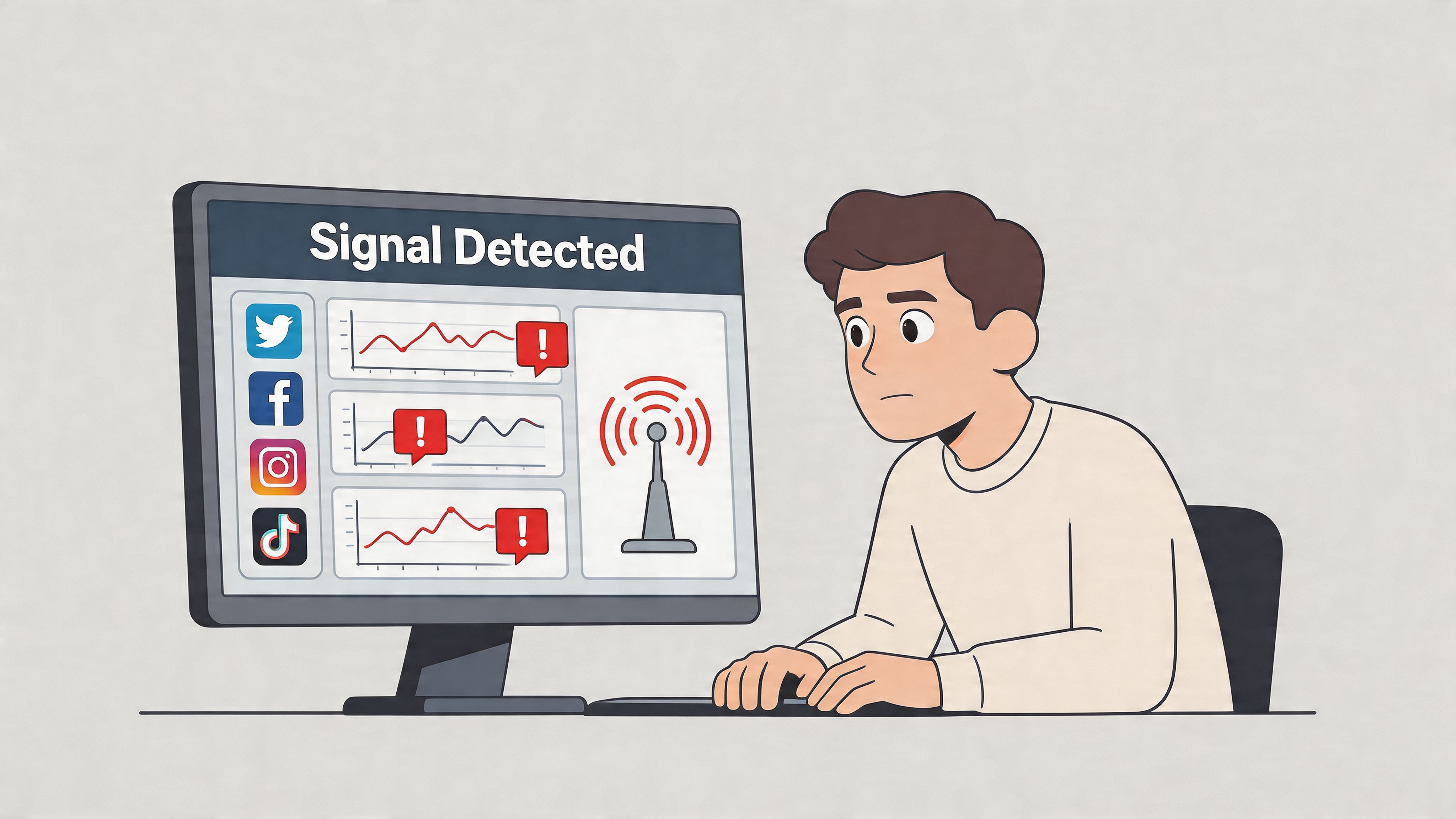 A young man sitting at a computer monitoring social media platform signals and analytics with alert notifications.