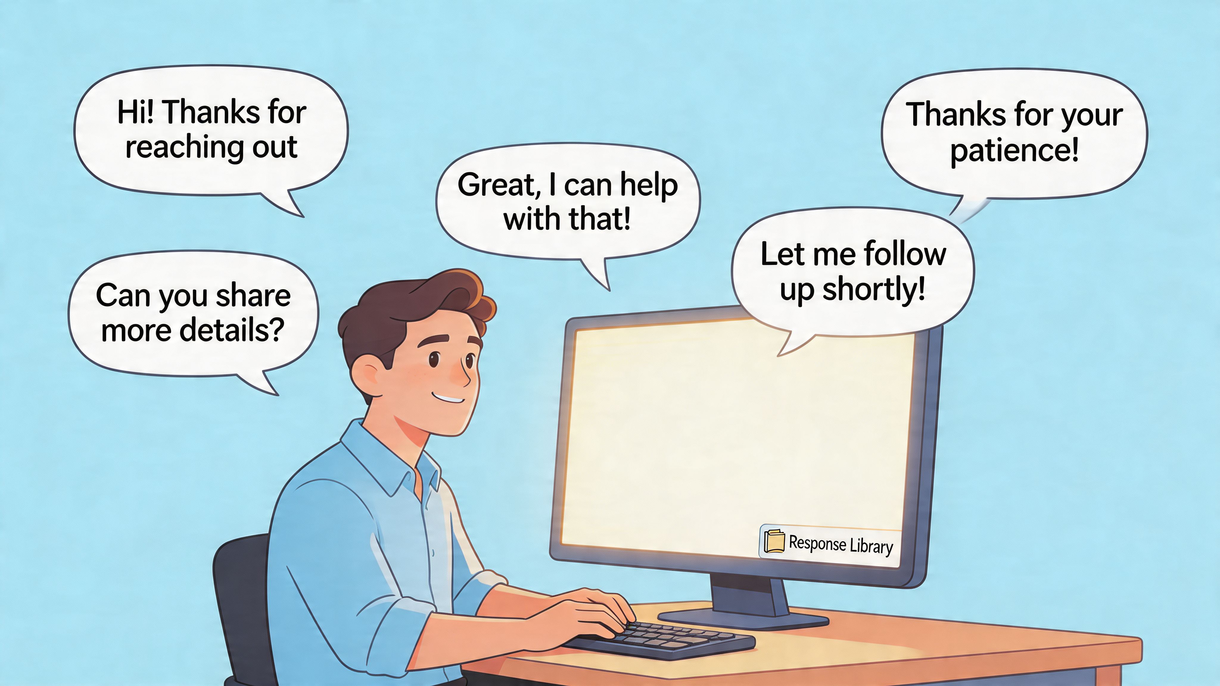 A professional man sitting at his desk using a computer to manage customer service responses.