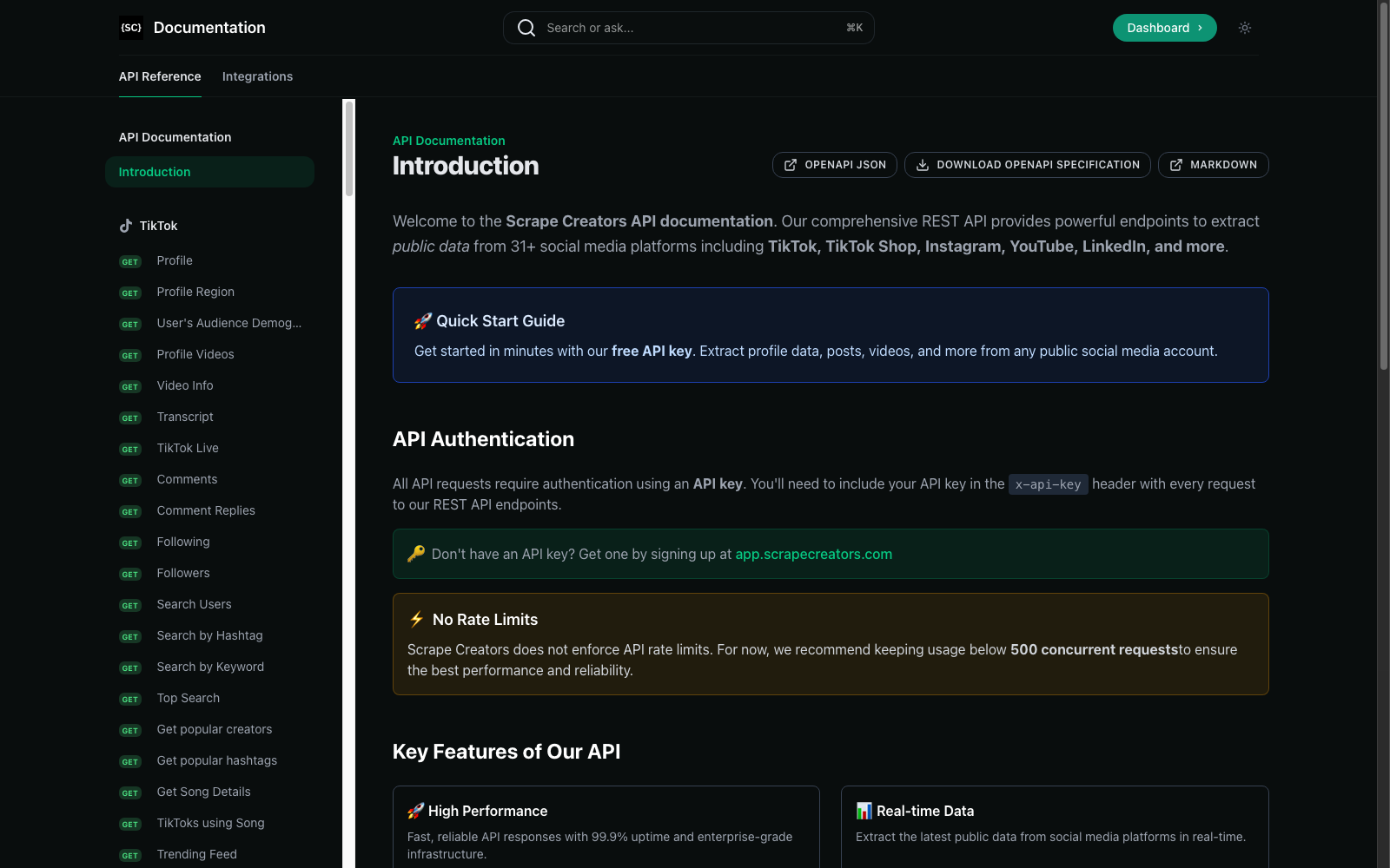 ScrapeCreators API docs interface.