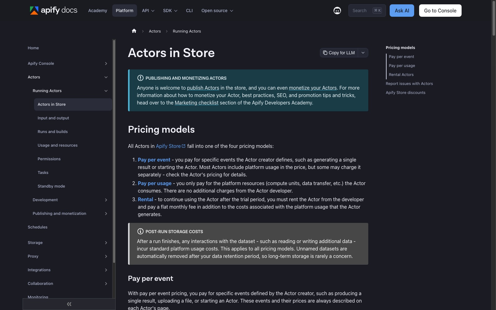 Apify actors pricing model documentation.