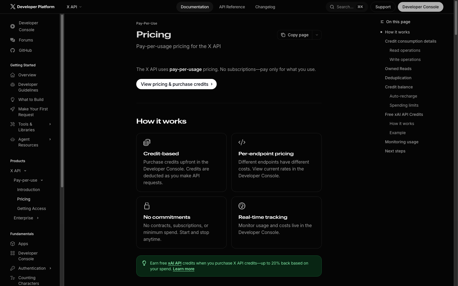X Developer Platform pay-as-you-go pricing page.