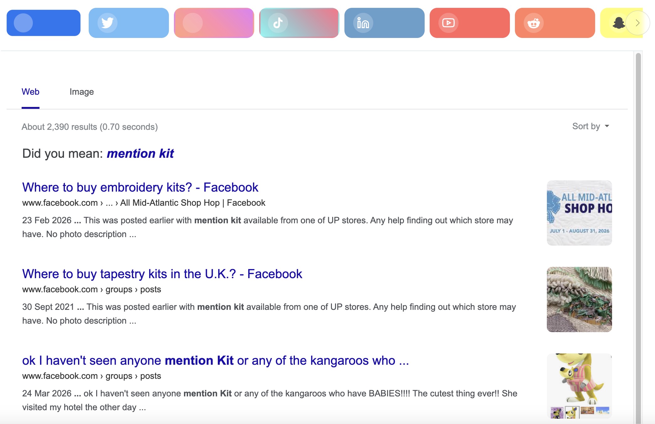 Social Searcher results showing contextually irrelevant Facebook results for Mentionkit, including embroidery kits and unrelated posts.