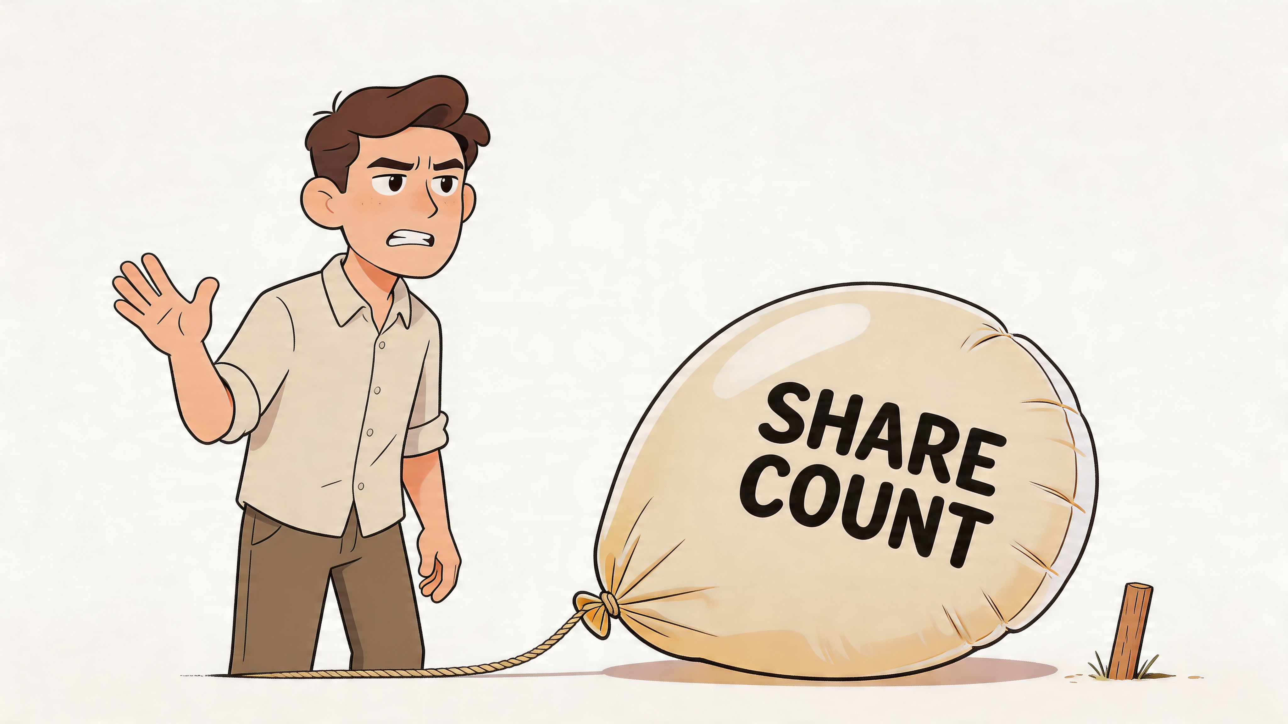 A worried young man stands next to a large balloon labeled share count tethered to a stake.