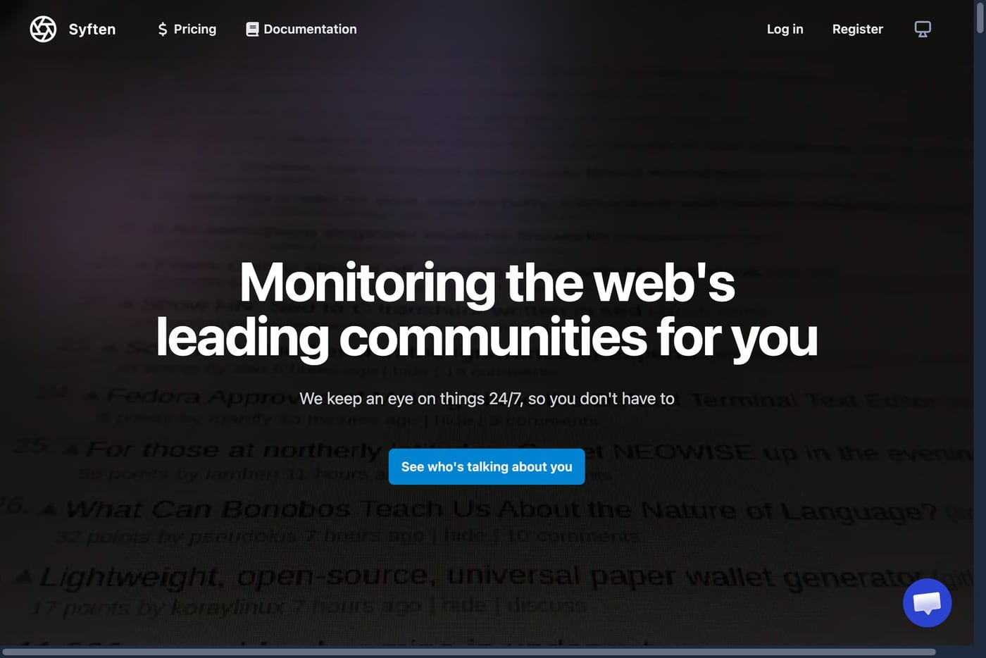 Syften homepage screenshot showing its community monitoring positioning.