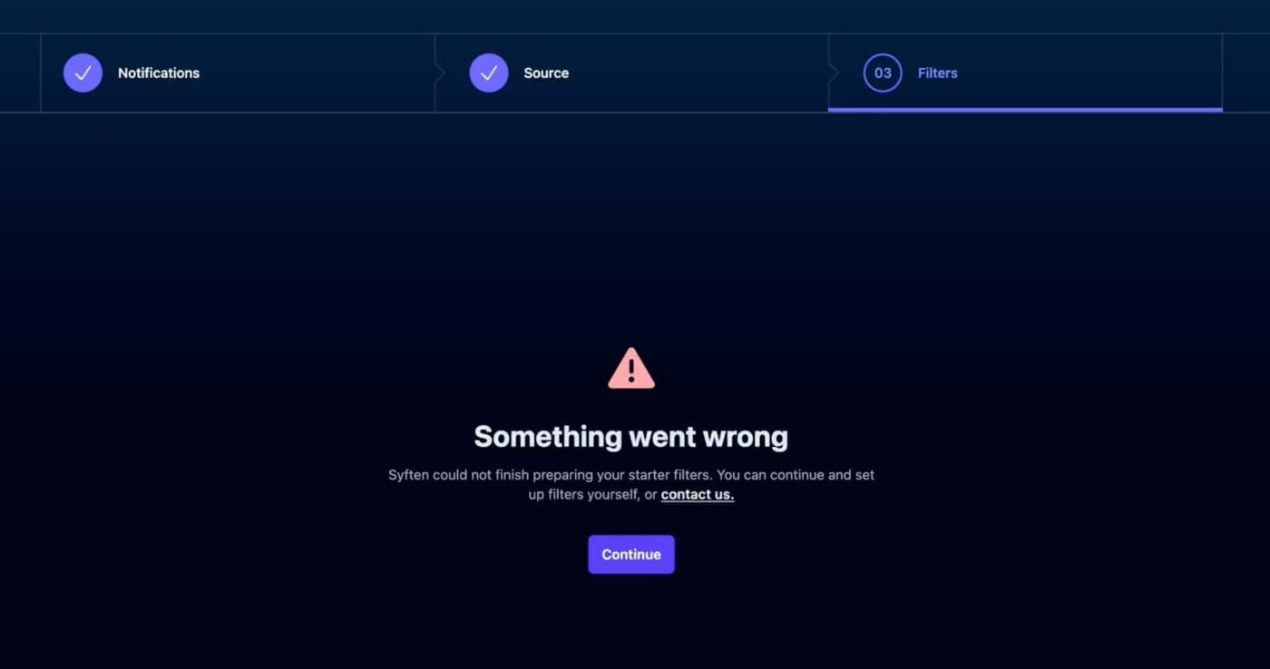 Syften onboarding error screenshot showing a failed starter filters step.